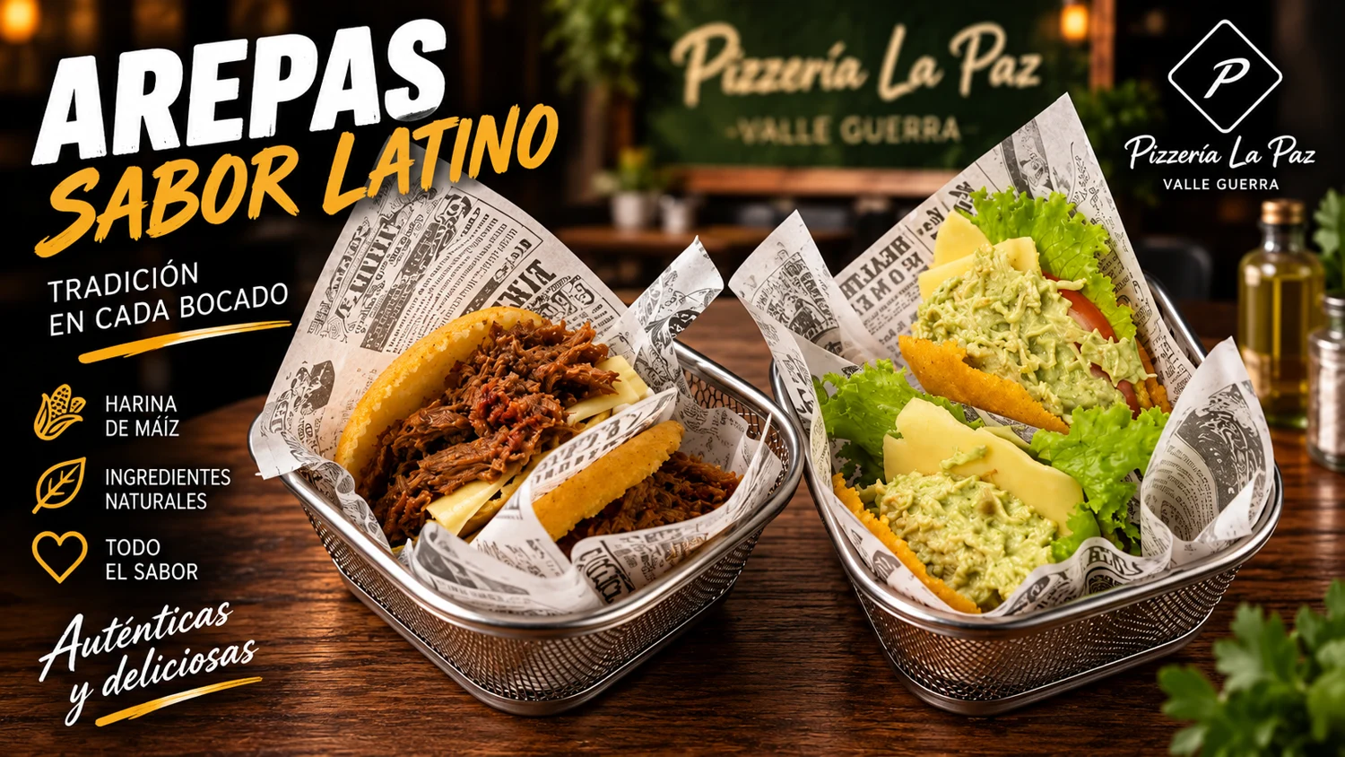 Presentación de las arepas de Pizzería La Paz