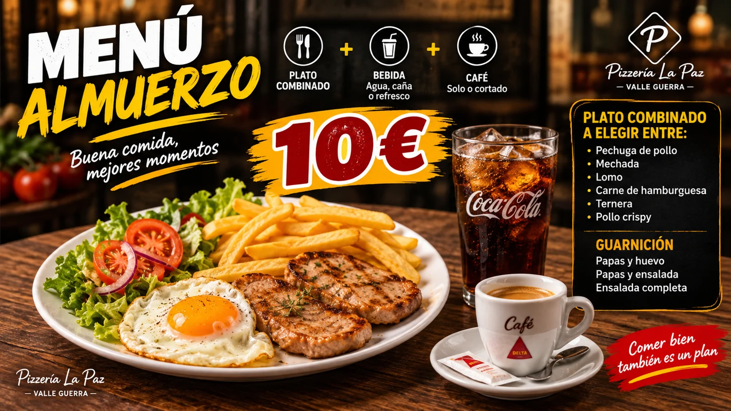 Cartel del menú de almuerzo de Pizzería La Paz
