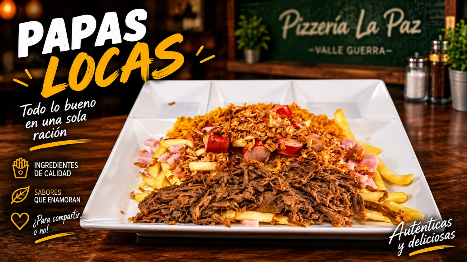 Ración de papas locas con queso y salsas