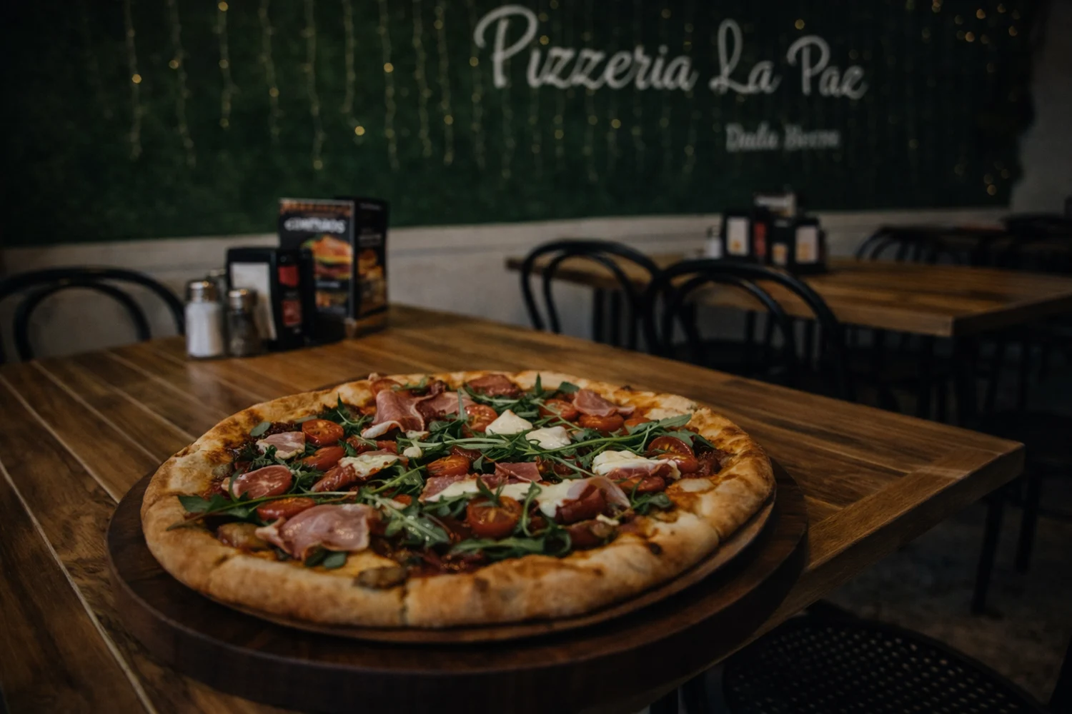 Pizza servida en una tabla en Pizzería La Paz