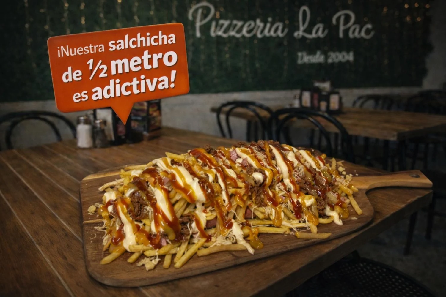 Salchicha de medio metro con papas y salsas